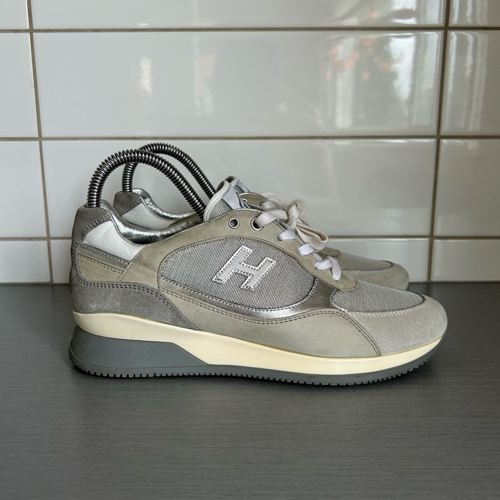 Hogan Gray and Silver Italian Sneakers with H Logo